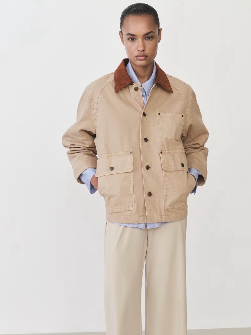 Mango Denim Parka Barn Coat With Contrasting Collar
